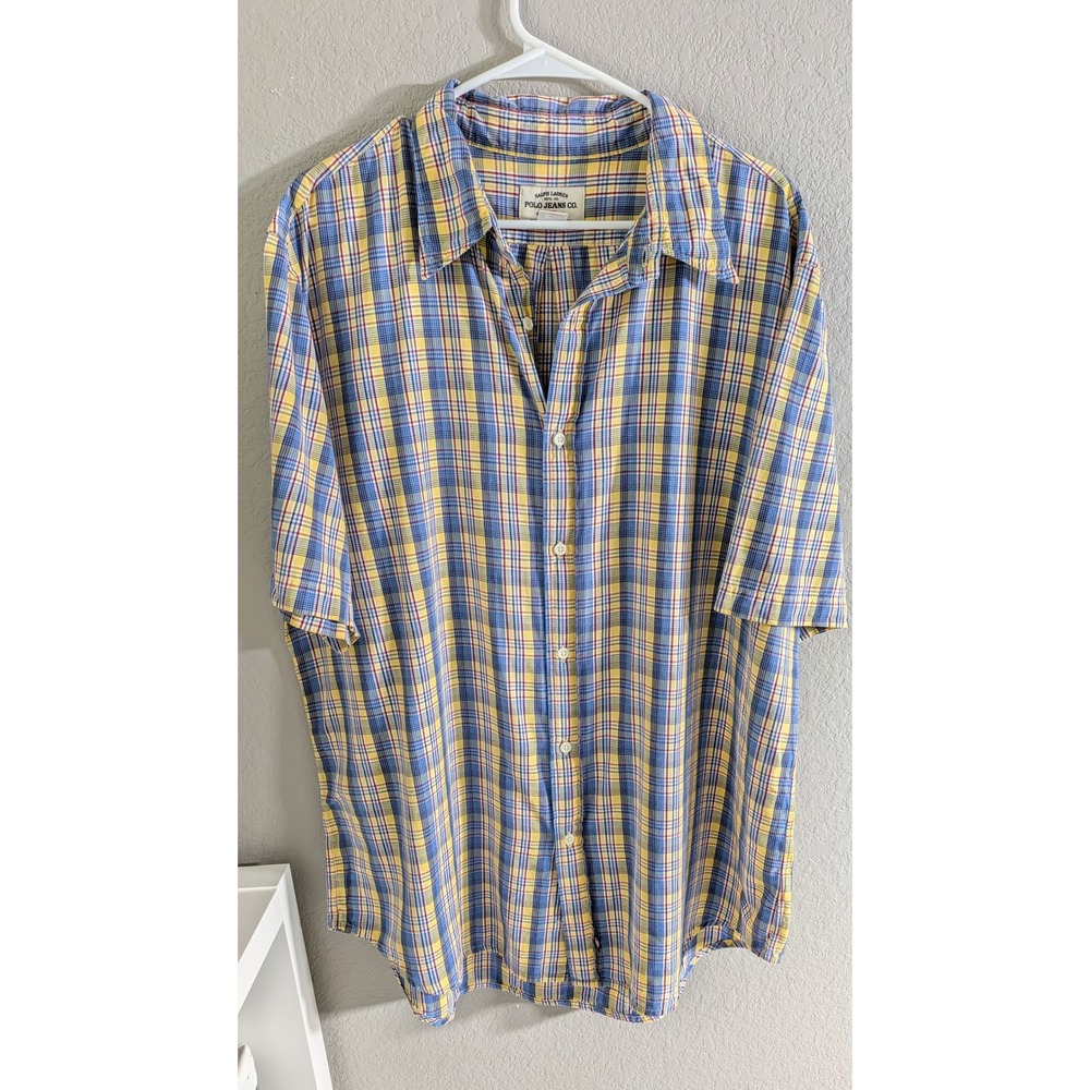 Vintage Polo Jeans Ralph Lauren butter yellow Plaid Short Sleeve Shirt Men's XXL